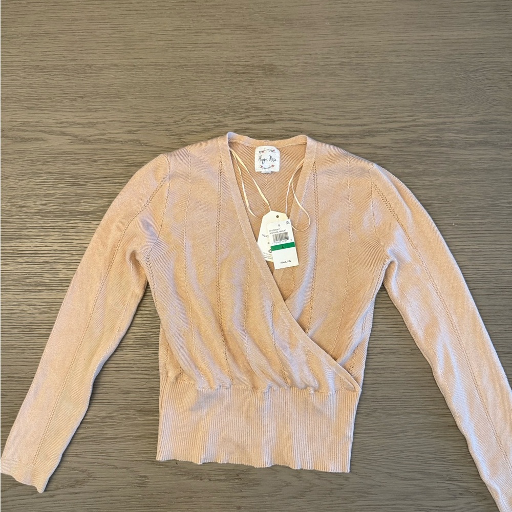 Hippie Rose Junior’ Surplice Neck Ribber-Hem Soft Beige Sweater